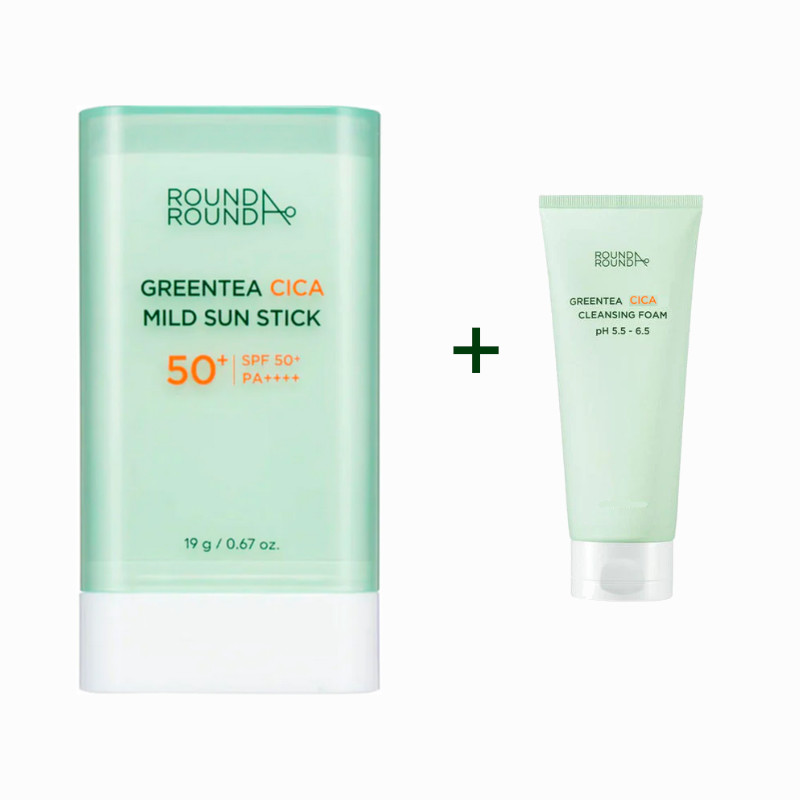 Round A'Round Greentea Cica Mild Sun Stick 19g (+ Greentea Cica Cleansing Foam 30ml)